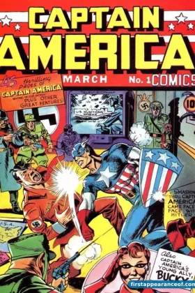 Captain America Comics #1 (1941). Bucky is alongside Cap on the cover, both punching Adolf Hitler. Cap throws the punch; Bucky has his fists raised behind him.
