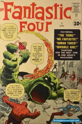 Fantastic Four #1 (1961). Johnny Storm on fire on the cover, fighting the Mole Man's monster alongside the rest of the team.