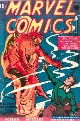 Marvel Comics #1 (1939). The original Human Torch on the cover, an android in red flame escaping from a glass cylinder.