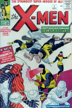 The original X-Men on the cover of X-Men #1 (1963). Angel flying above the team.